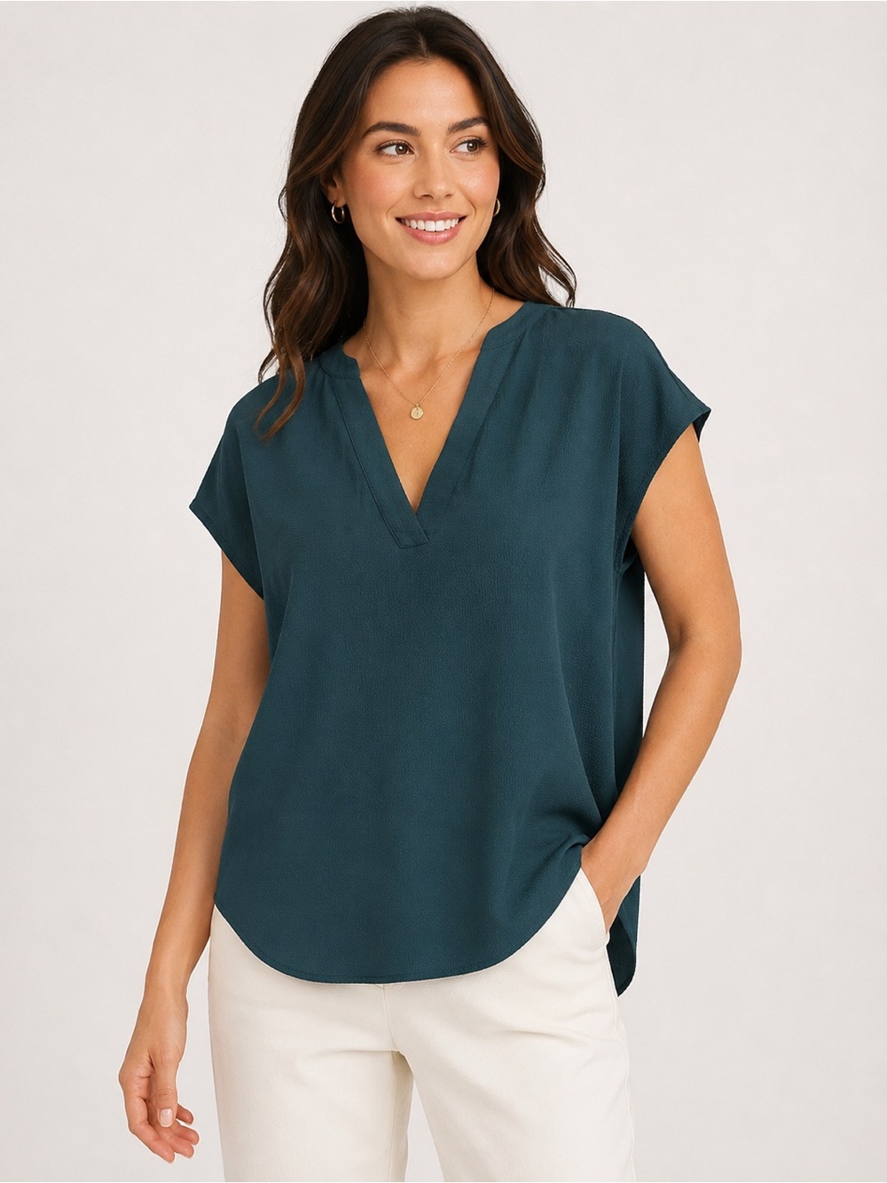 Monk & Lou deep green V-Neck Blouse Cap Sleeve Top Size Small